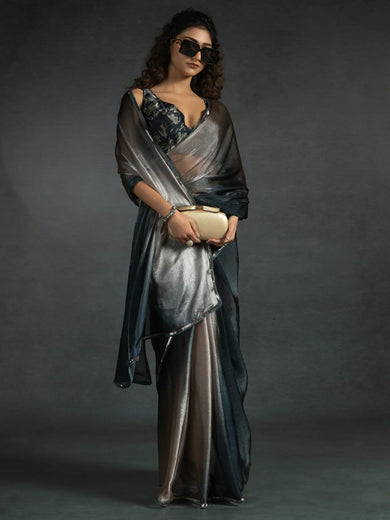 Spectacular Grey Border Work Satin Party Wear Pre-Stitched Saree
